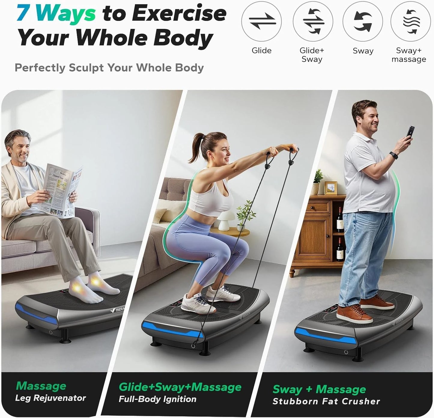 Merach 4D Vibration Plate Exercise Machine Full Body Workout Equipment Shake Board with 450lbs Capacity 120 Speeds 7 Vibrating Modes & 3 Presets 2 Resistance Bands Bluetooth Vibration Fitness Platform for Weight Loss Fat Burn