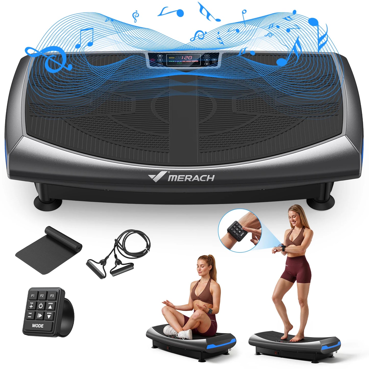 Merach 4D Vibration Plate Exercise Machine Full Body Workout Equipment Shake Board with 450lbs Capacity 120 Speeds 7 Vibrating Modes & 3 Presets 2 Resistance Bands Bluetooth Vibration Fitness Platform for Weight Loss Fat Burn