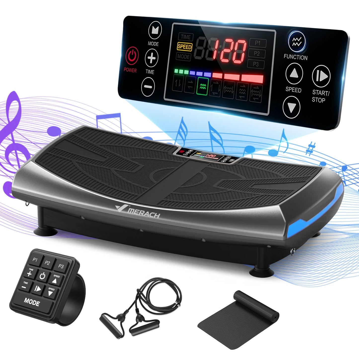 Merach 4D Vibration Plate Exercise Machine Full Body Workout Equipment Shake Board with 450lbs Capacity 120 Speeds 7 Vibrating Modes & 3 Presets 2 Resistance Bands Bluetooth Vibration Fitness Platform for Weight Loss Fat Burn