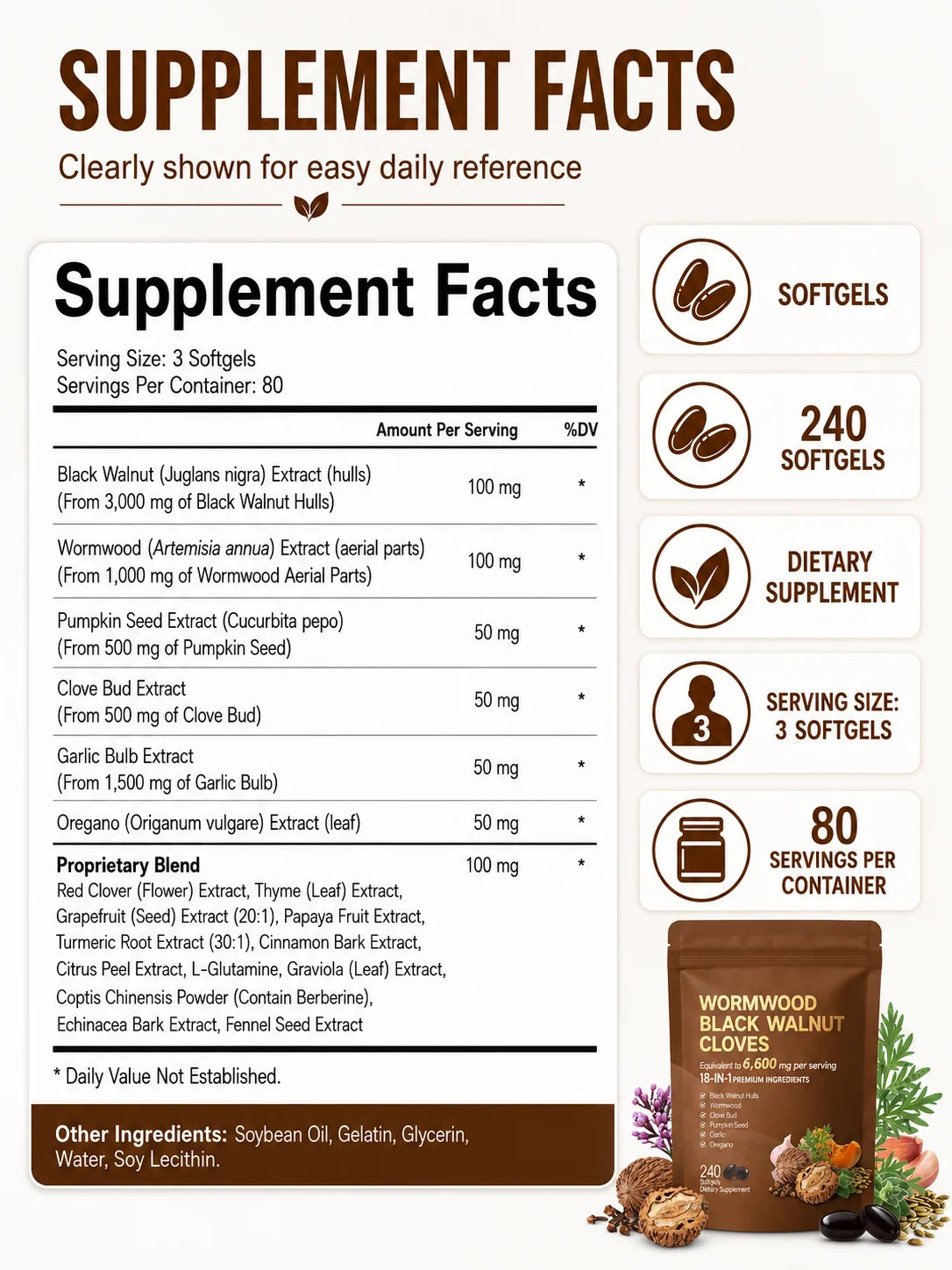 Wormwood Black Walnut Cloves 6600mg 18 In 1 Herbal Softgels Detox Digestive Health Gut Support Pumpkin Seed Garlic Oregano 240