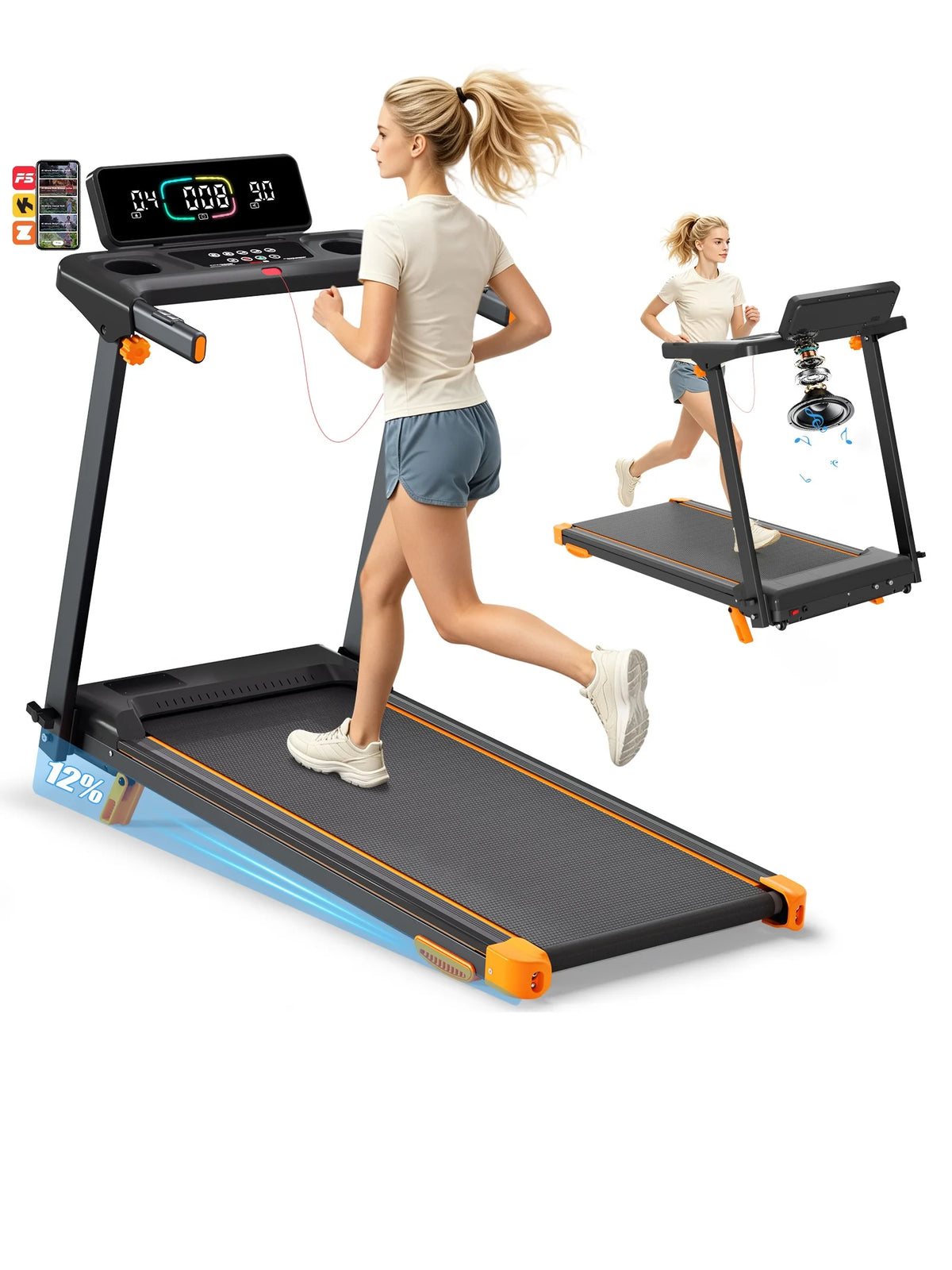 Folding Treadmill 12 Percent Incline 3.0HP Low Noise Motor Under 45Db 300LBS Weight Capacity 5 Layer Anti Slip Shock Absorbing Running Belt 12 Workout Modes Heart Rate Monitoring Large Running Area Home Indoor Walking Running