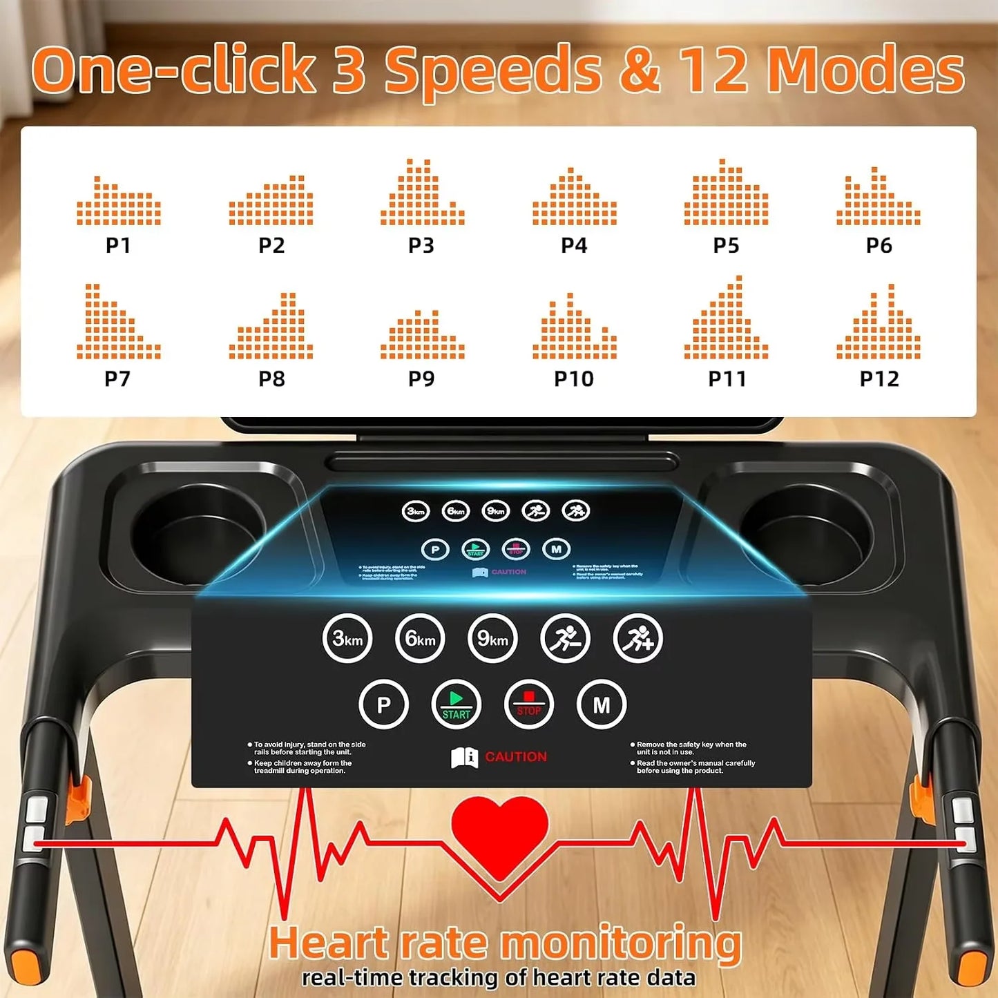 Folding Treadmill 12 Percent Incline 3.0HP Low Noise Motor Under 45Db 300LBS Weight Capacity 5 Layer Anti Slip Shock Absorbing Running Belt 12 Workout Modes Heart Rate Monitoring Large Running Area Home Indoor Walking Running