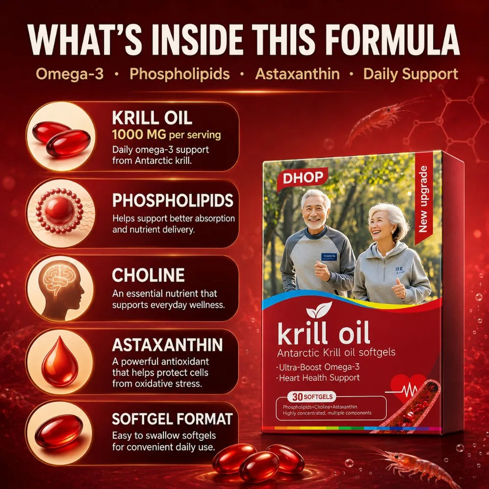 Antarctic Krill Oil Omega-3 Softgels 1000mg per Serving with Phospholipids & Astaxanthin, Heart Health Support Formula, 30 Count