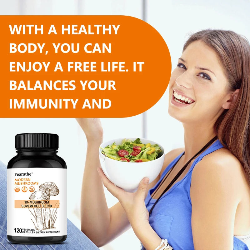 10-in-1 Mushroom Complex Capsules, Super Mushroom Blend, Support Brain Focus, Mental Clarity, Mood, Energy & Immune Health