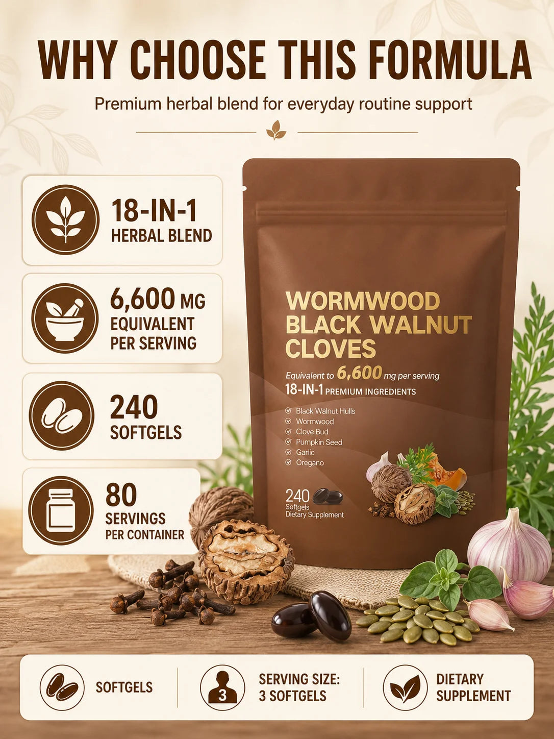 Wormwood Black Walnut Cloves 6600mg 18 In 1 Herbal Softgels Detox Digestive Health Gut Support Pumpkin Seed Garlic Oregano 240