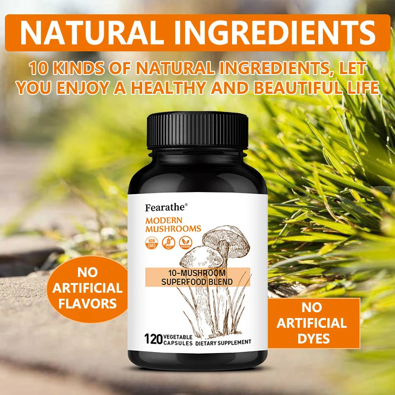 10-in-1 Mushroom Complex Capsules, Super Mushroom Blend, Support Brain Focus, Mental Clarity, Mood, Energy & Immune Health