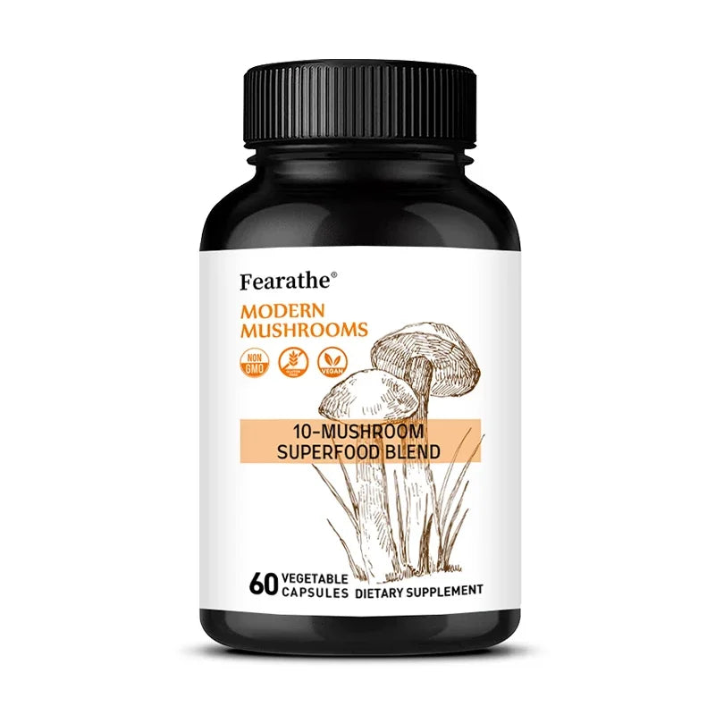 10-in-1 Mushroom Complex Capsules, Super Mushroom Blend, Support Brain Focus, Mental Clarity, Mood, Energy & Immune Health