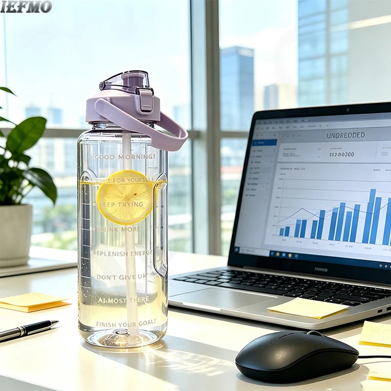 2L Water Bottle with Time Marker Large Sports Water Bottle, BPA Free Leakproof Tritan Plastic Jug, For Gym Yoga Outdoor Running