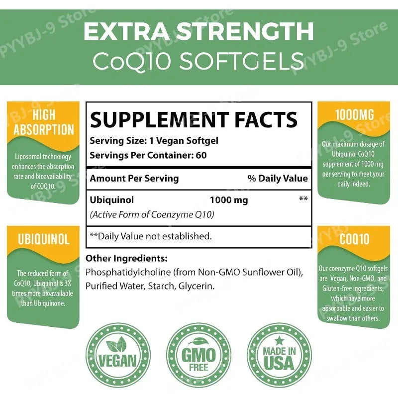 CoQ10 Ubiquinol 1000mg Vegan Softgels 60 Ct, Liposomal High Absorption Coenzyme Q10 for Heart Energy Antioxidant Daily Support