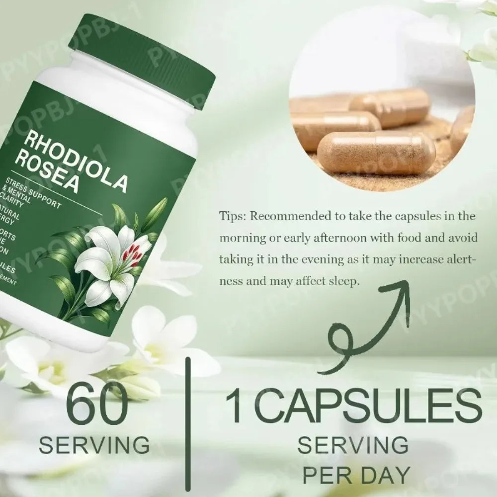 Rhodiola Rosea Capsules 500mg Herbal Supplement for Daily Energy Balance Mental Focus Adaptogen Plant Extract 60 Capsules