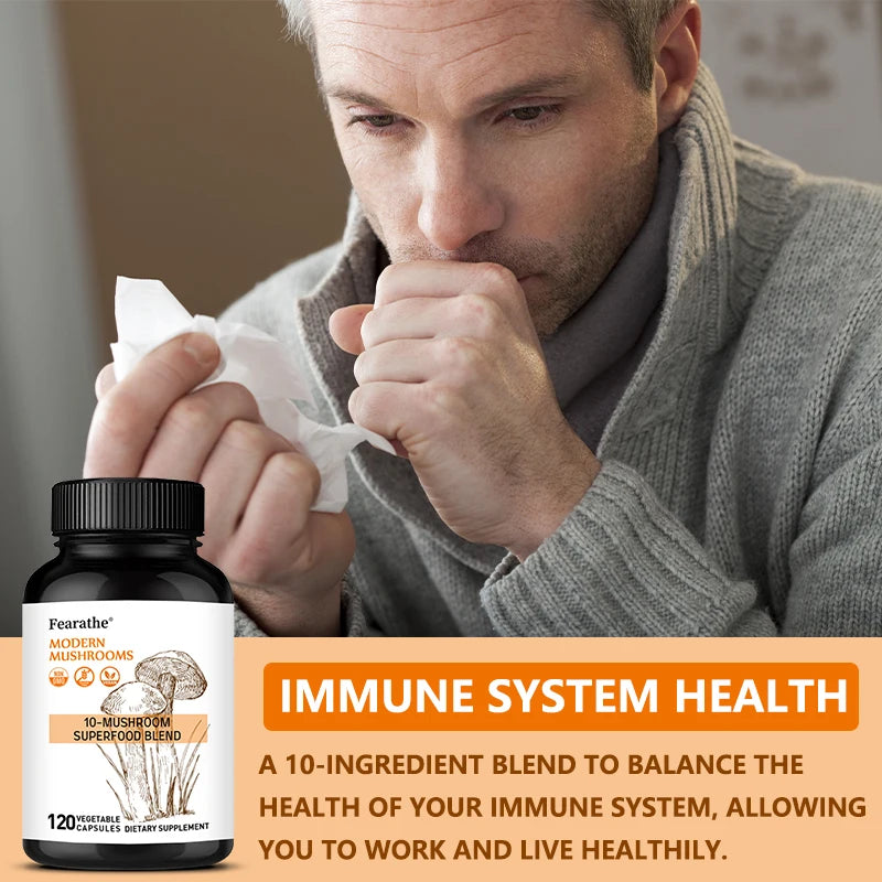 10-in-1 Mushroom Complex Capsules, Super Mushroom Blend, Support Brain Focus, Mental Clarity, Mood, Energy & Immune Health