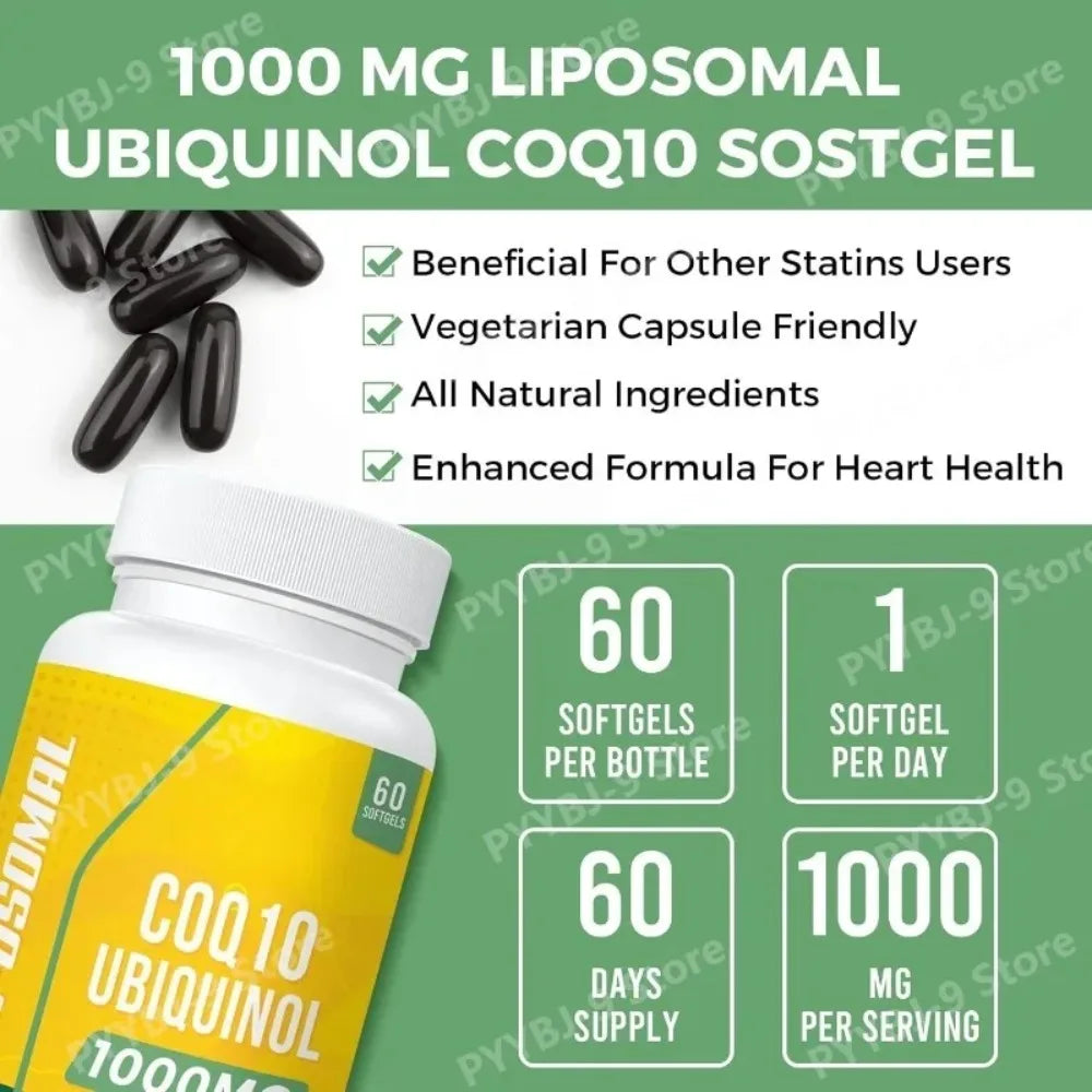 CoQ10 Ubiquinol 1000mg Vegan Softgels 60 Ct, Liposomal High Absorption Coenzyme Q10 for Heart Energy Antioxidant Daily Support