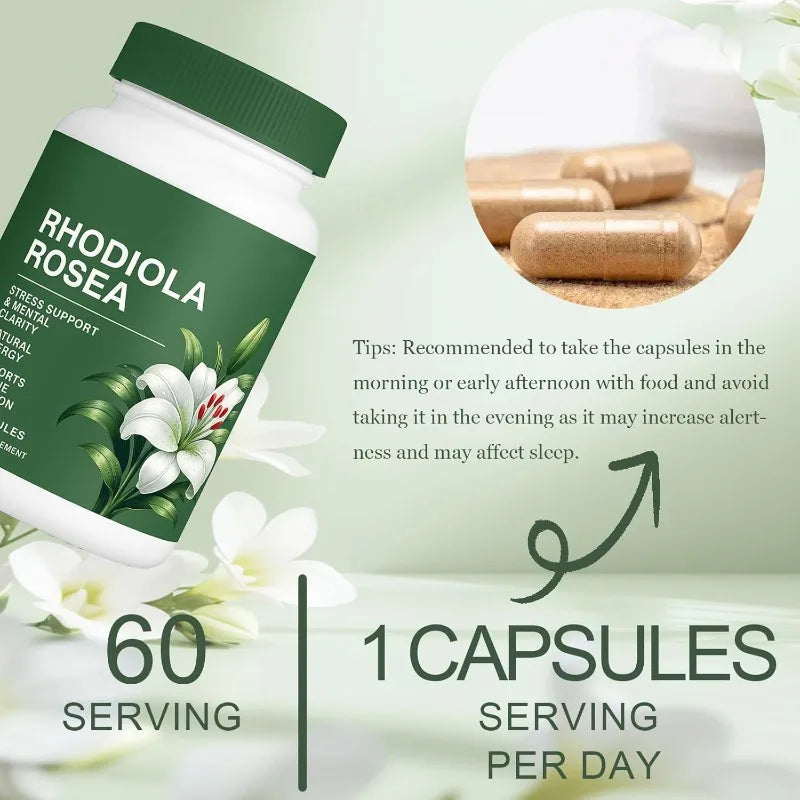 Rhodiola Rosea Capsules 500mg Herbal Supplement for Daily Energy Balance Mental Focus Adaptogen Plant Extract 60 Capsules
