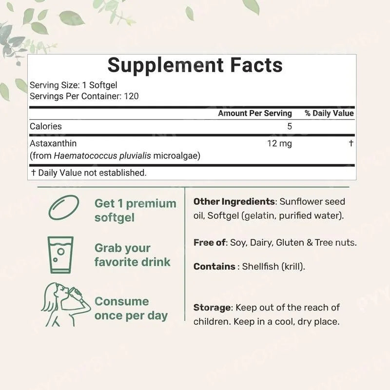 Astaxanthin 12mg Softgels From Plant-Based Microalgae with MCT Oil Dietary Supplement
