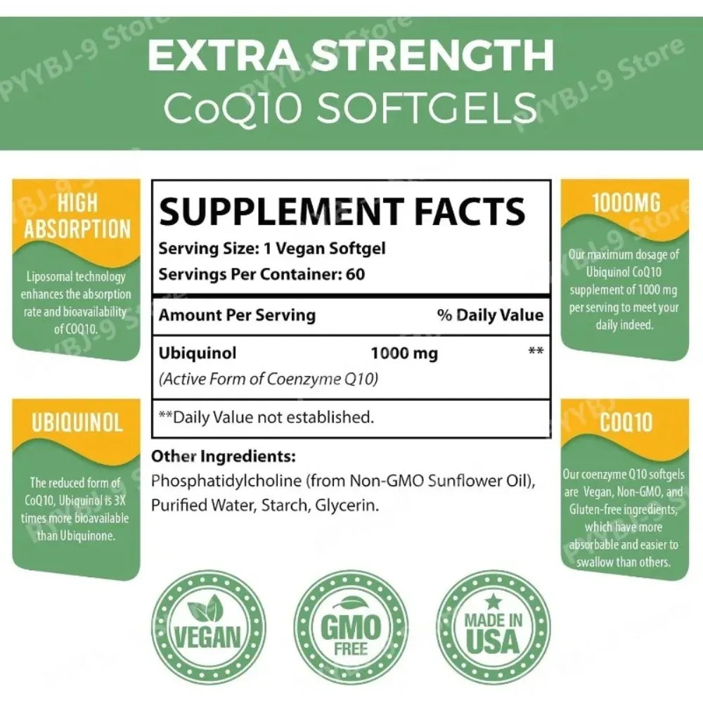 CoQ10 Ubiquinol 1000mg Vegan Softgels 60 Ct, Liposomal High Absorption Coenzyme Q10 for Heart Energy Antioxidant Daily Support