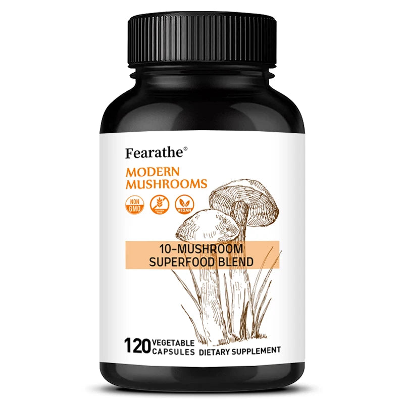 10-in-1 Mushroom Complex Capsules, Super Mushroom Blend, Support Brain Focus, Mental Clarity, Mood, Energy & Immune Health