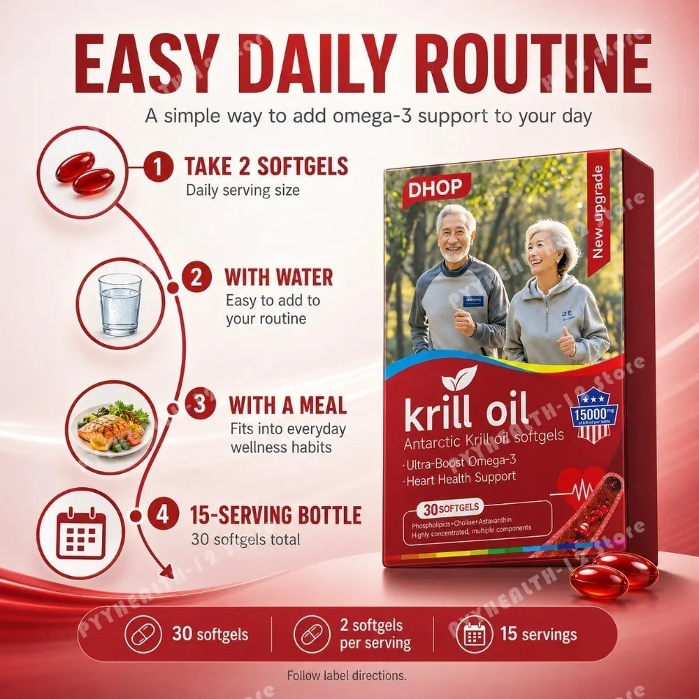 Antarctic Krill Oil Omega-3 Softgels 1000mg per Serving with Phospholipids & Astaxanthin, Heart Health Support Formula, 30 Count