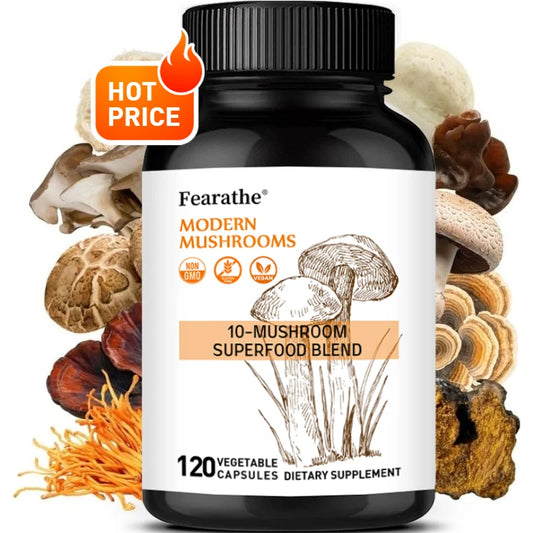 10-in-1 Mushroom Complex Capsules, Super Mushroom Blend, Support Brain Focus, Mental Clarity, Mood, Energy & Immune Health