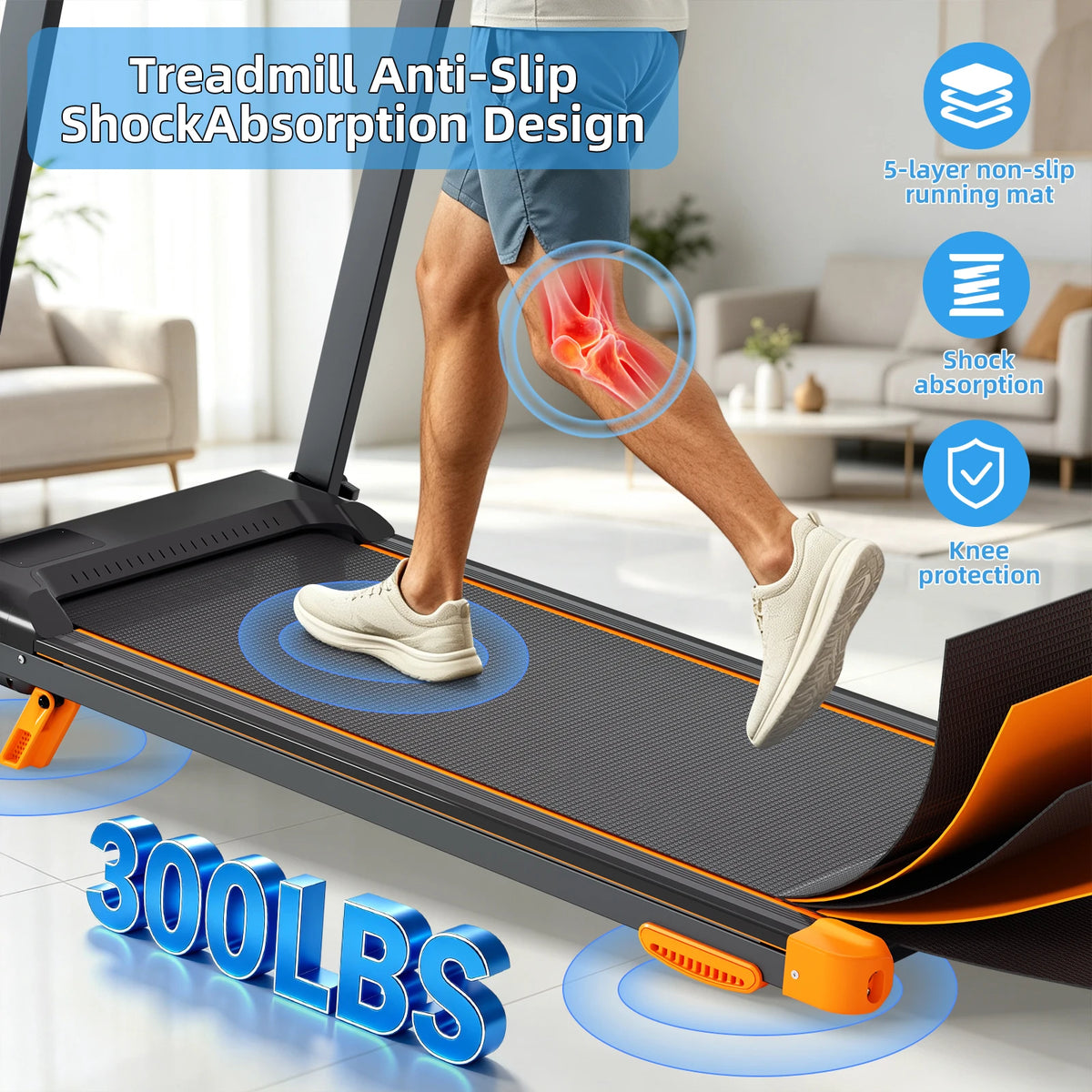 Folding Treadmill 12 Percent Incline 3.0HP Low Noise Motor Under 45Db 300LBS Weight Capacity 5 Layer Anti Slip Shock Absorbing Running Belt 12 Workout Modes Heart Rate Monitoring Large Running Area Home Indoor Walking Running