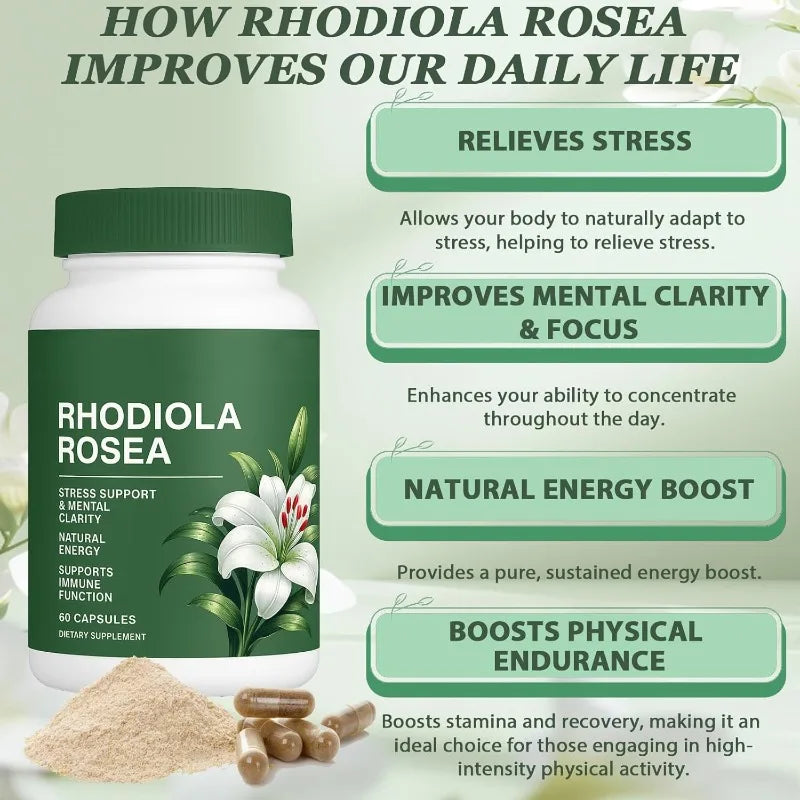 Rhodiola Rosea Capsules 500mg Herbal Supplement for Daily Energy Balance Mental Focus Adaptogen Plant Extract 60 Capsules