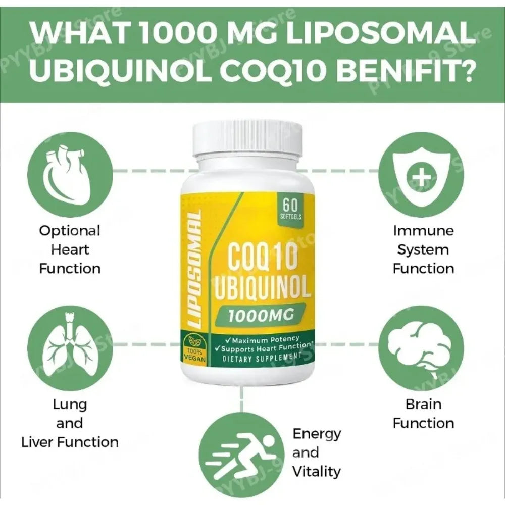 CoQ10 Ubiquinol 1000mg Vegan Softgels 60 Ct, Liposomal High Absorption Coenzyme Q10 for Heart Energy Antioxidant Daily Support