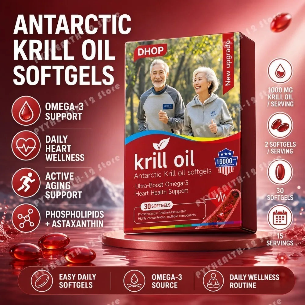 Antarctic Krill Oil Omega-3 Softgels 1000mg per Serving with Phospholipids & Astaxanthin, Heart Health Support Formula, 30 Count