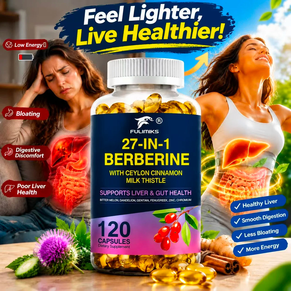 Berberine Supplement, with Ceylon Cinnamon & Milk Thistle, for Liver & Gut Health,  Aid Digestive Health Support Immune System