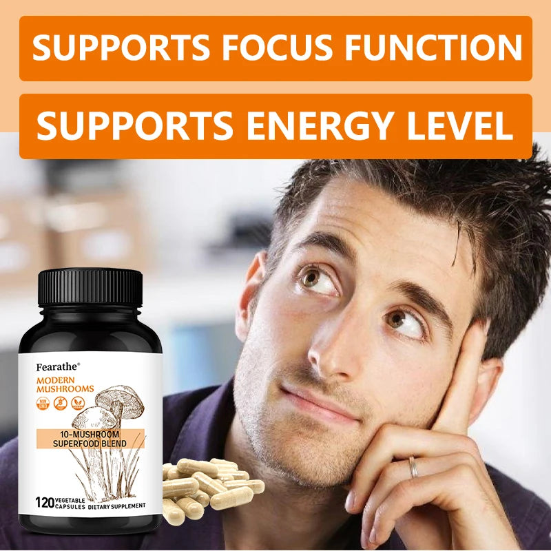 10-in-1 Mushroom Complex Capsules, Super Mushroom Blend, Support Brain Focus, Mental Clarity, Mood, Energy & Immune Health