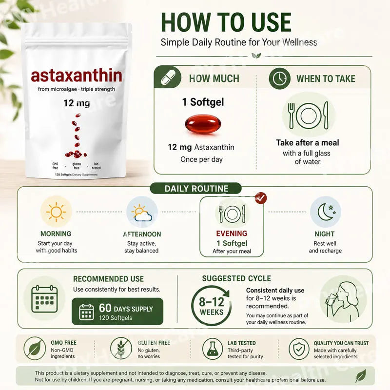 Astaxanthin 12mg Softgels From Plant-Based Microalgae with MCT Oil Dietary Supplement