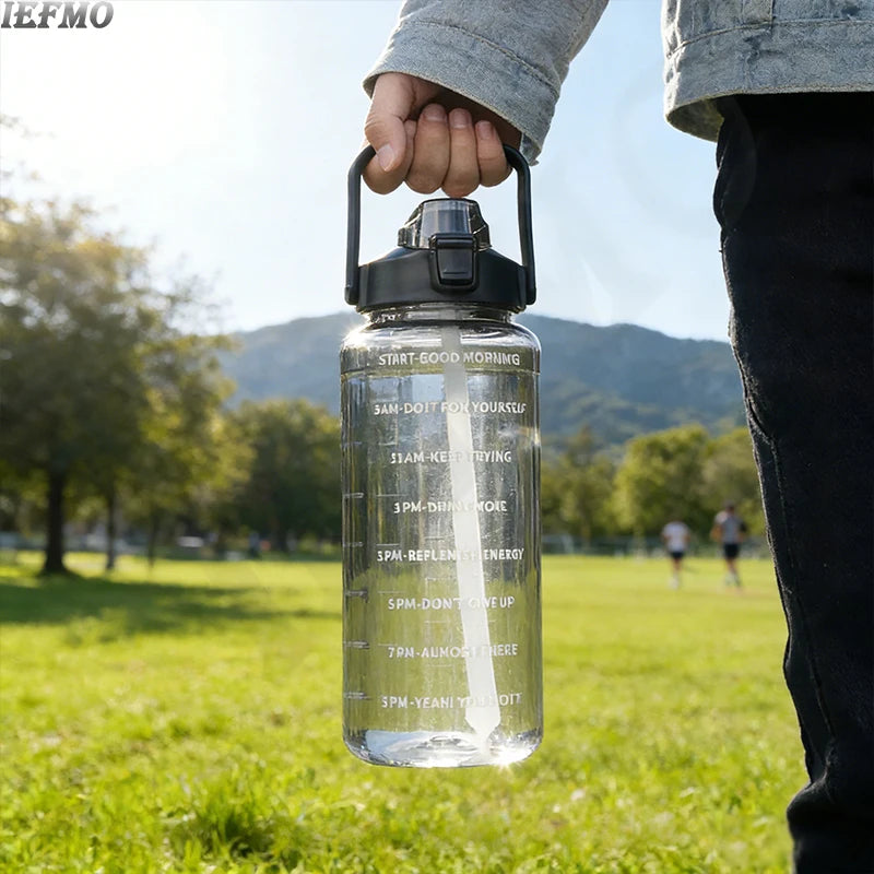 2L Water Bottle with Time Marker Large Sports Water Bottle, BPA Free Leakproof Tritan Plastic Jug, For Gym Yoga Outdoor Running