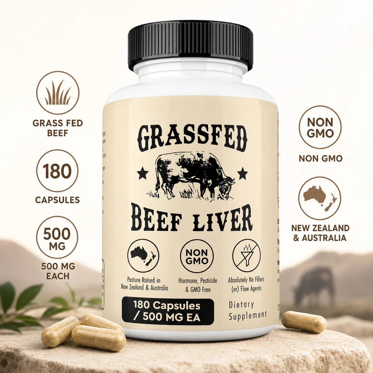 Grassfed Beef Liver Capsules 500mg Each, Pasture Raised Bovine Liver Supplement, Non GMO, 180 Capsules