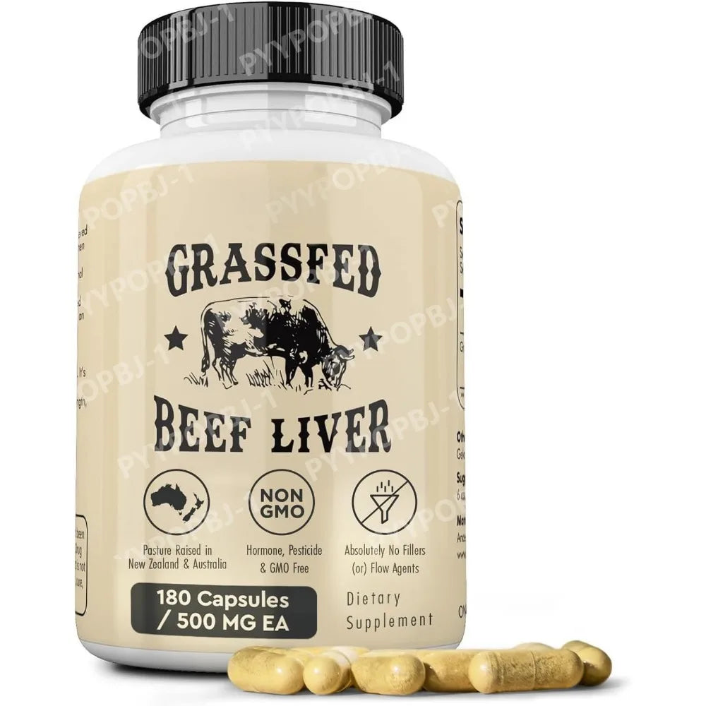 Grassfed Beef Liver Capsules 500mg Each, Pasture Raised Bovine Liver Supplement, Non GMO, 180 Capsules
