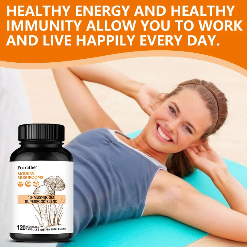 10-in-1 Mushroom Complex Capsules, Super Mushroom Blend, Support Brain Focus, Mental Clarity, Mood, Energy & Immune Health