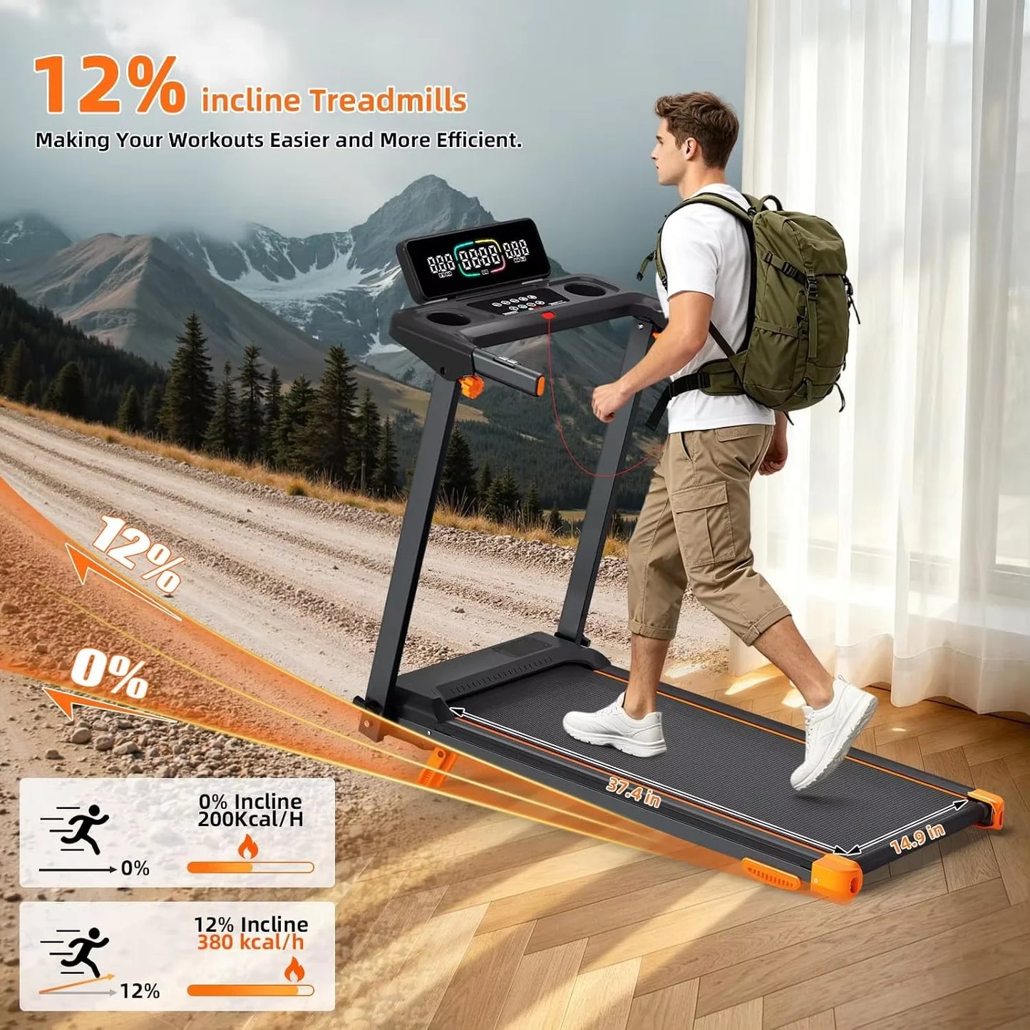 Folding Treadmill 12 Percent Incline 3.0HP Low Noise Motor Under 45Db 300LBS Weight Capacity 5 Layer Anti Slip Shock Absorbing Running Belt 12 Workout Modes Heart Rate Monitoring Large Running Area Home Indoor Walking Running