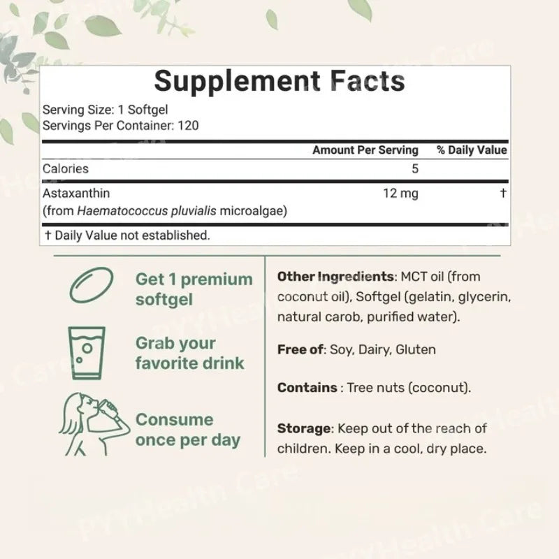 Astaxanthin 12mg Softgels From Plant-Based Microalgae with MCT Oil Dietary Supplement