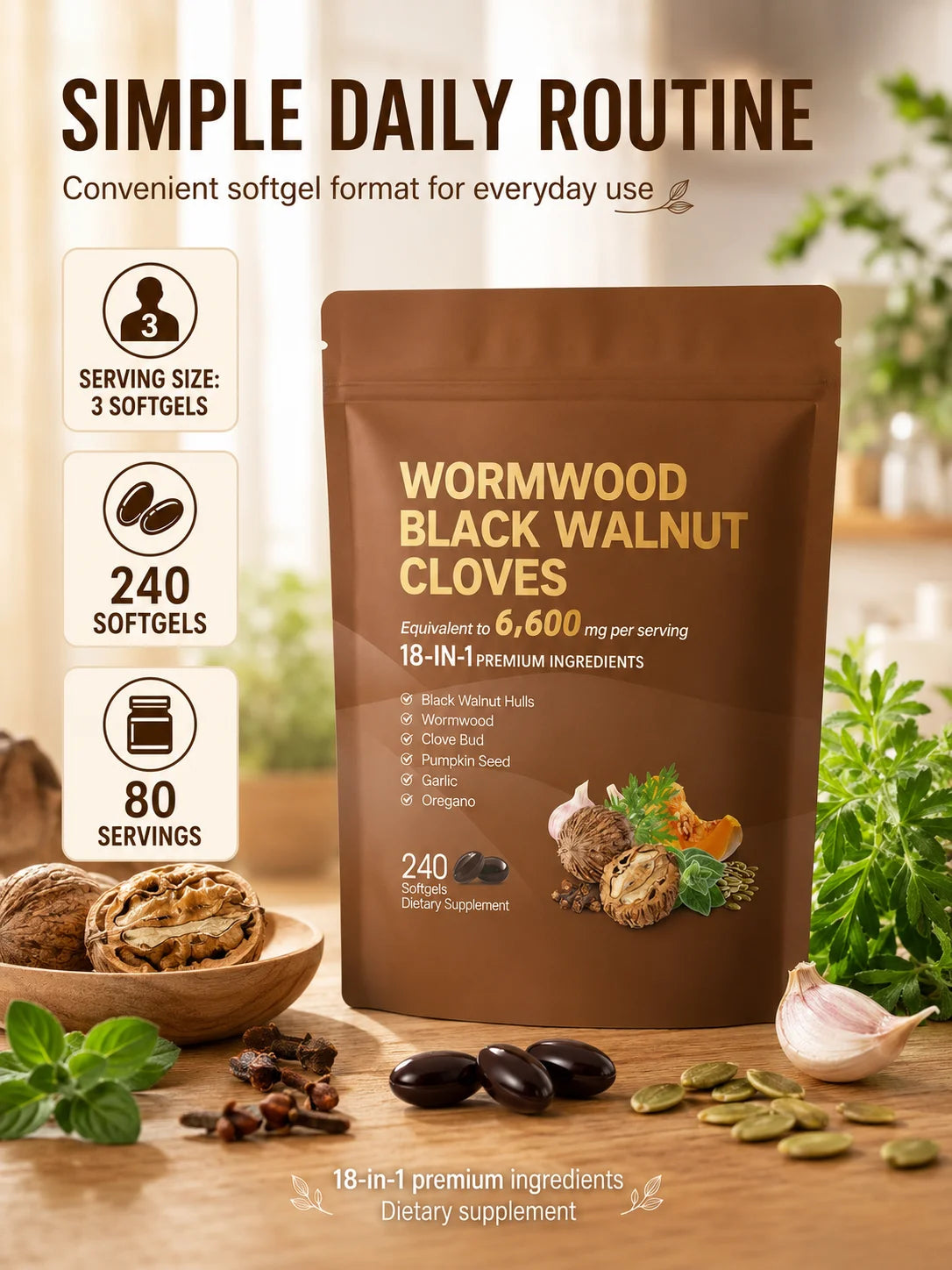 Wormwood Black Walnut Cloves 6600mg 18 In 1 Herbal Softgels Detox Digestive Health Gut Support Pumpkin Seed Garlic Oregano 240