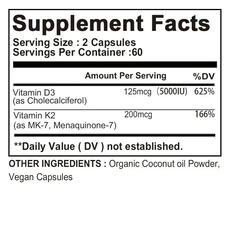 Vitamin D3 + K2 Supplement - Promotes Strong Bones, Calcium Absorption, Teeth, Heart, Cardiovascular Health