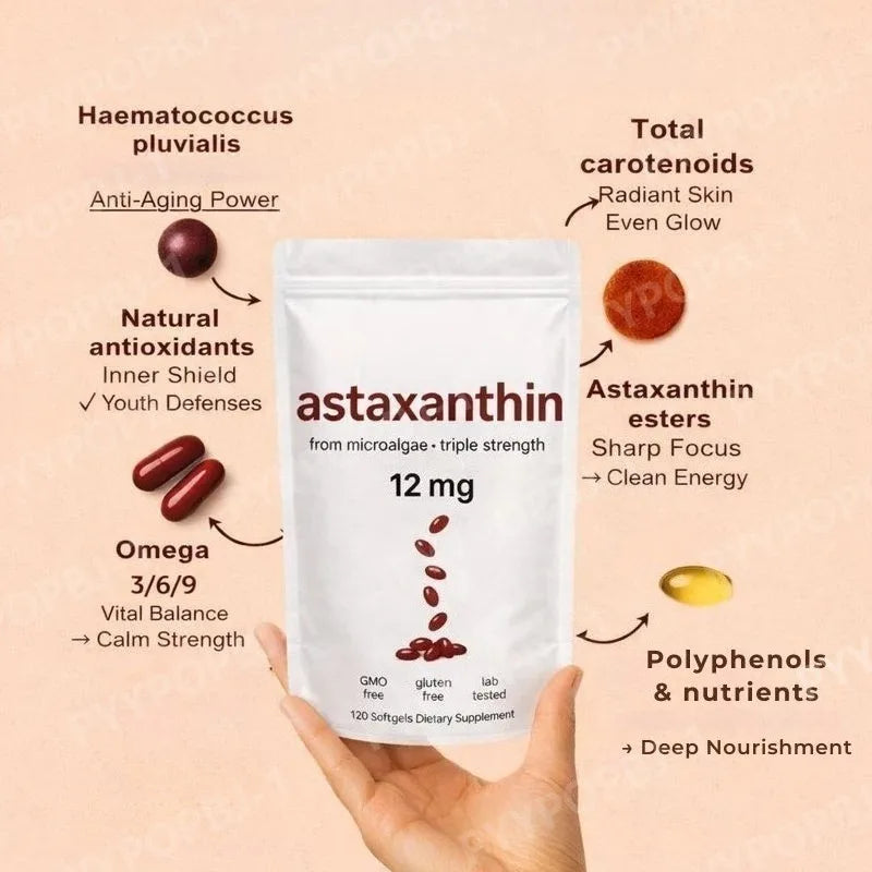 Astaxanthin 12mg Softgels From Plant-Based Microalgae with MCT Oil Dietary Supplement