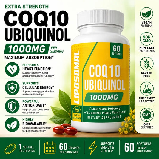 CoQ10 Ubiquinol 1000mg Vegan Softgels 60 Ct, Liposomal High Absorption Coenzyme Q10 for Heart Energy Antioxidant Daily Support